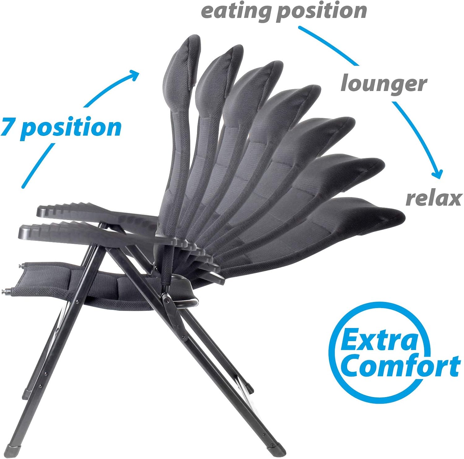 Reclining Folding Camping Chair 7 Position Aluminum Frame Padded Seat
