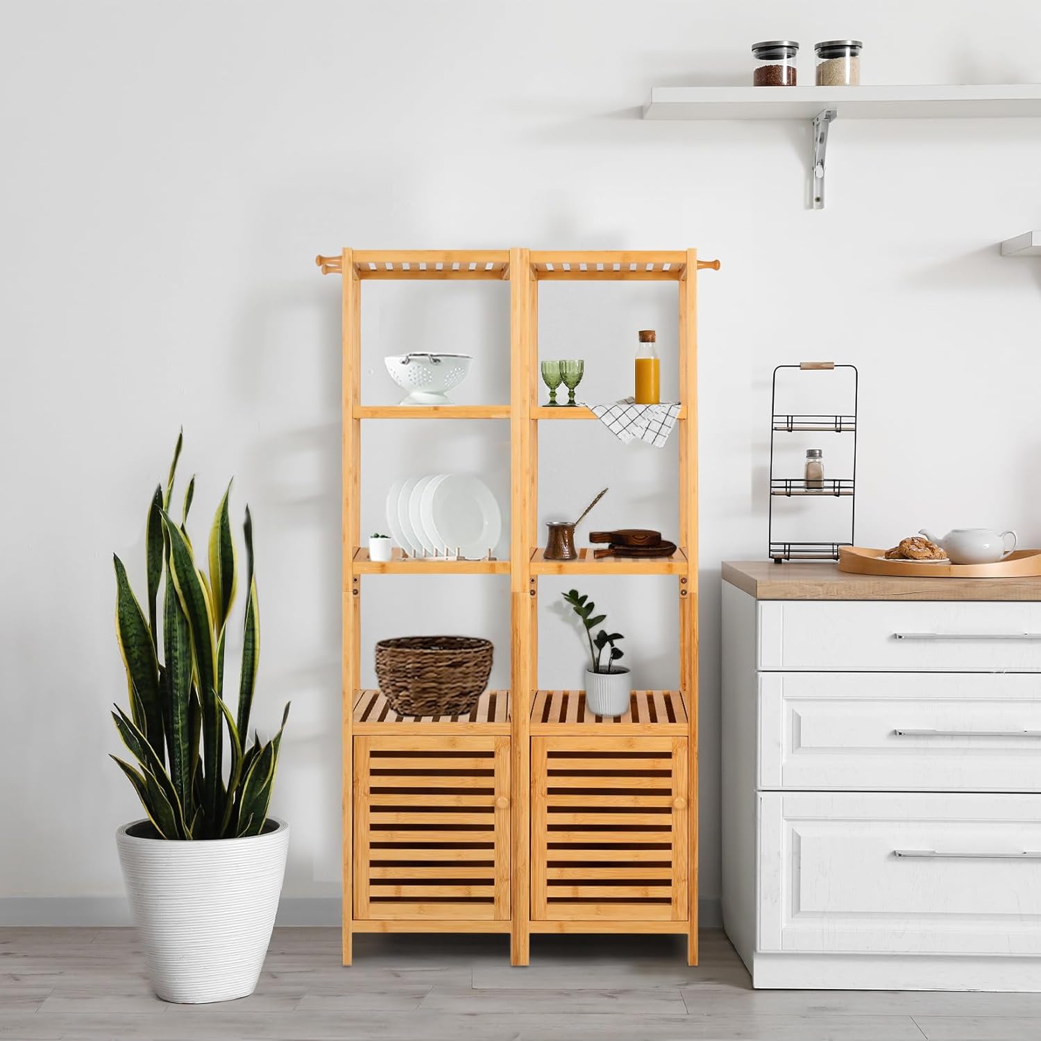 Tall Bamboo Bathroom Storage Cabinet Natural Shelf Unit