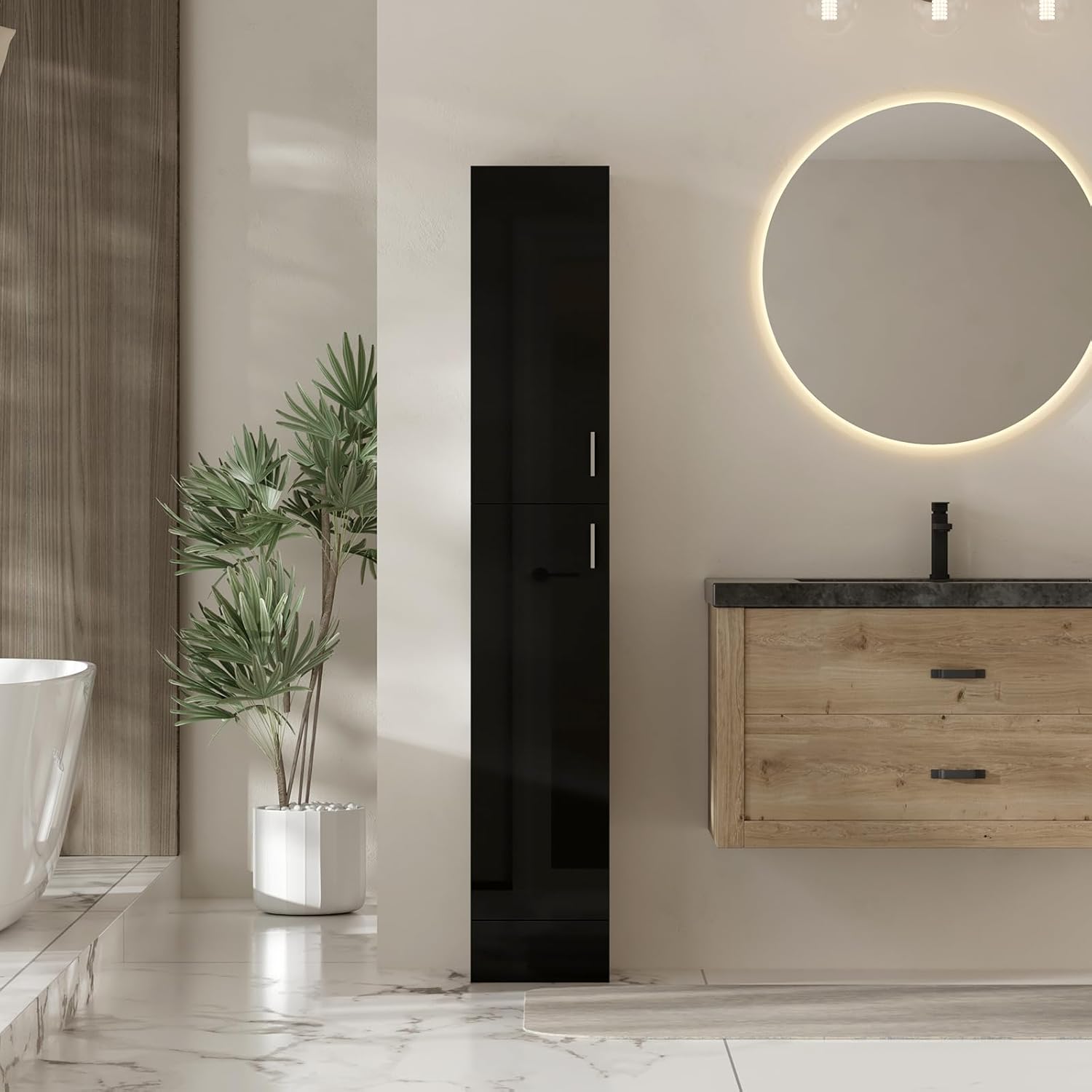 High Gloss Black Tall Bathroom Cabinet 2 Door 4 Shelf 188cm