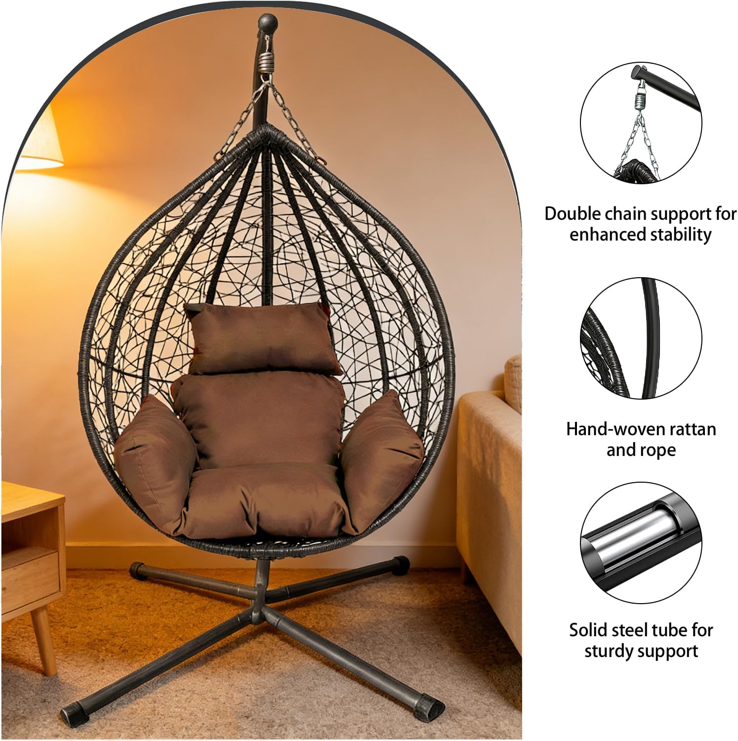 Rattan Hanging Egg Chair with Stand Cushion Black Brown