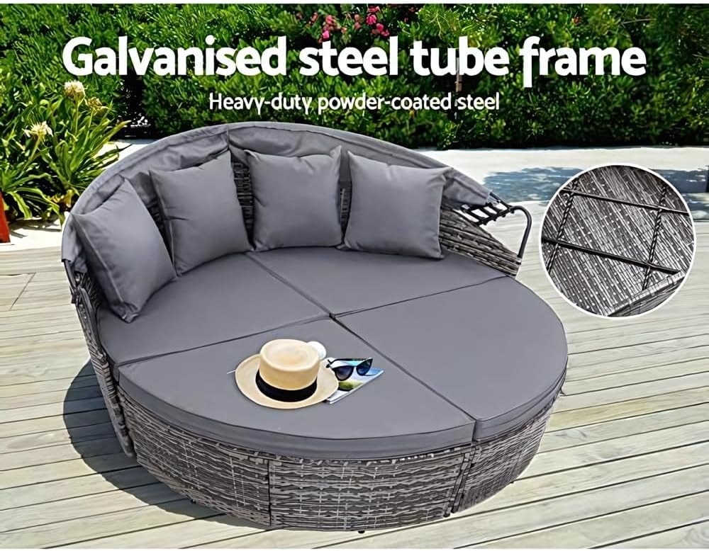 Round Rattan Daybed Set with Canopy Mixed Grey