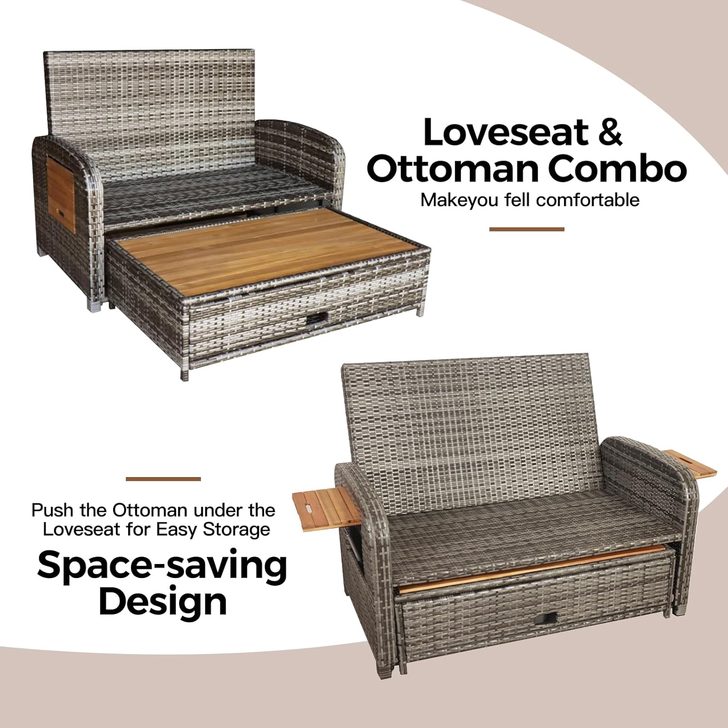Rattan Garden Daybed Sofa Sun Lounger Storage Ottoman Grey
