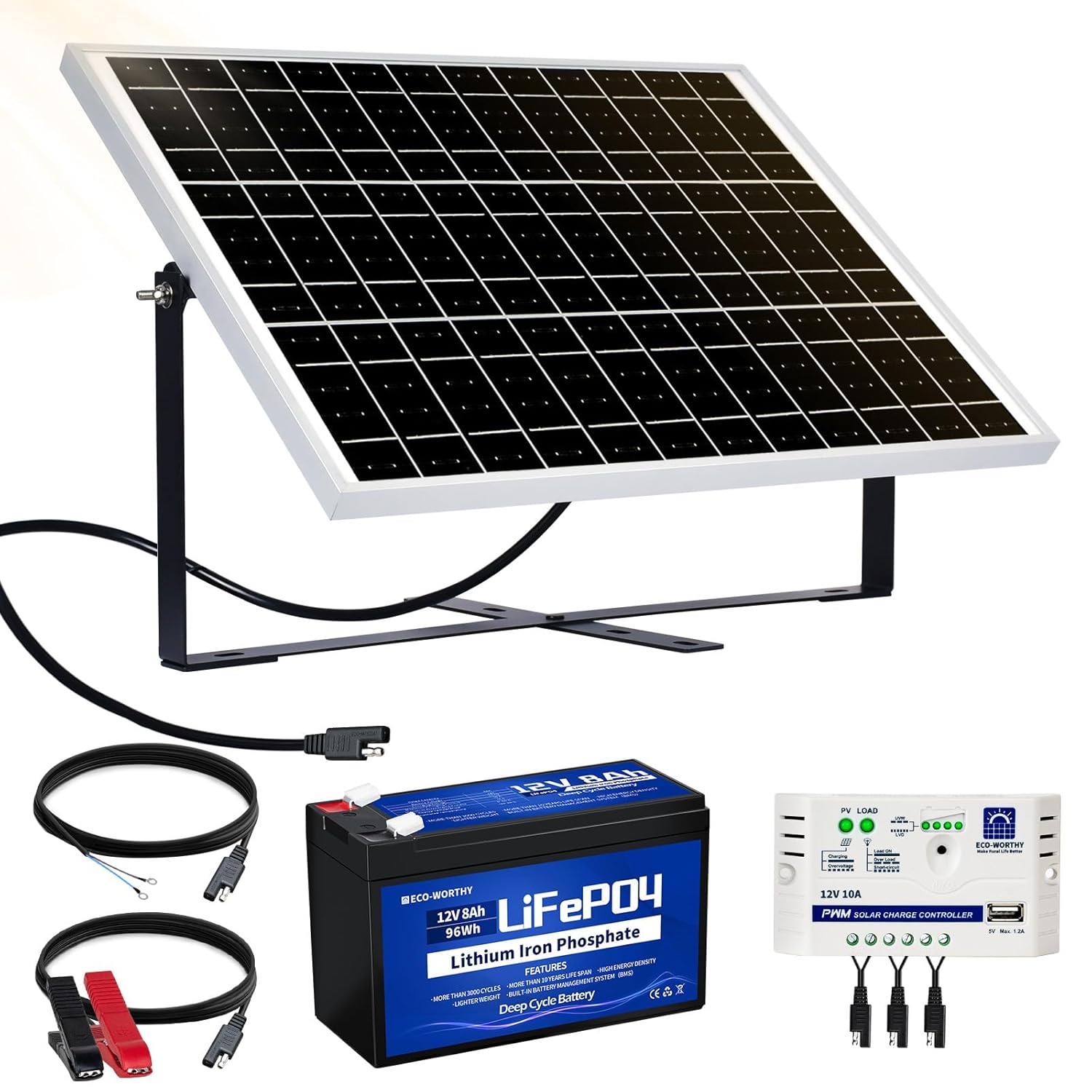 25W 12V Solar Panel Kit 8Ah Battery 10A Controller