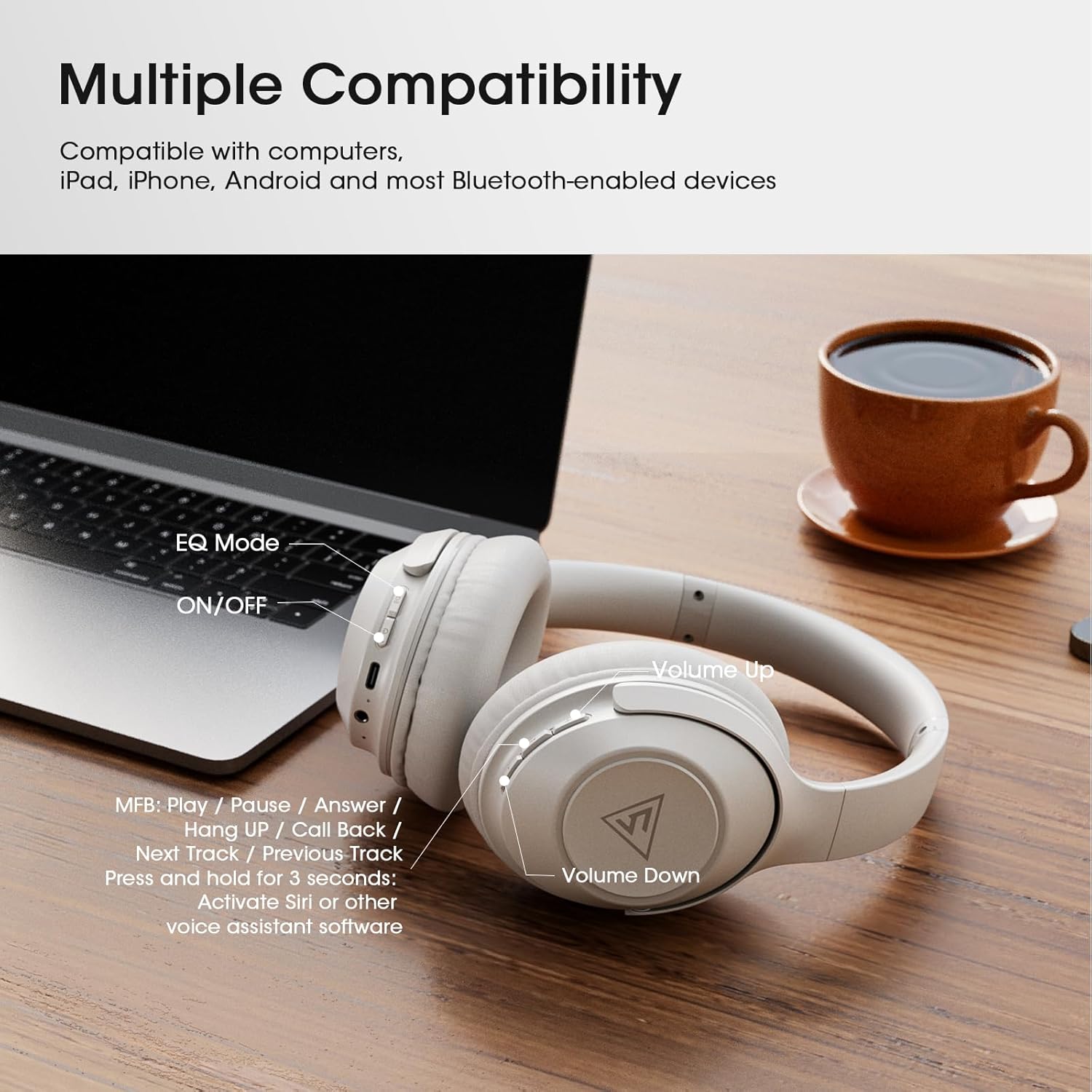 Wireless Bluetooth Over Ear Headphones 70 Hour Battery 3 EQ Light Grey