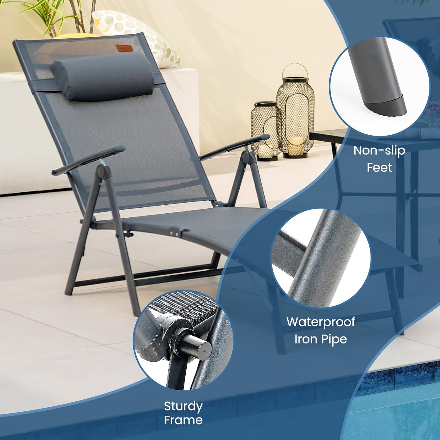 Folding Sun Lounger 7 Position Recliner Grey 150kg