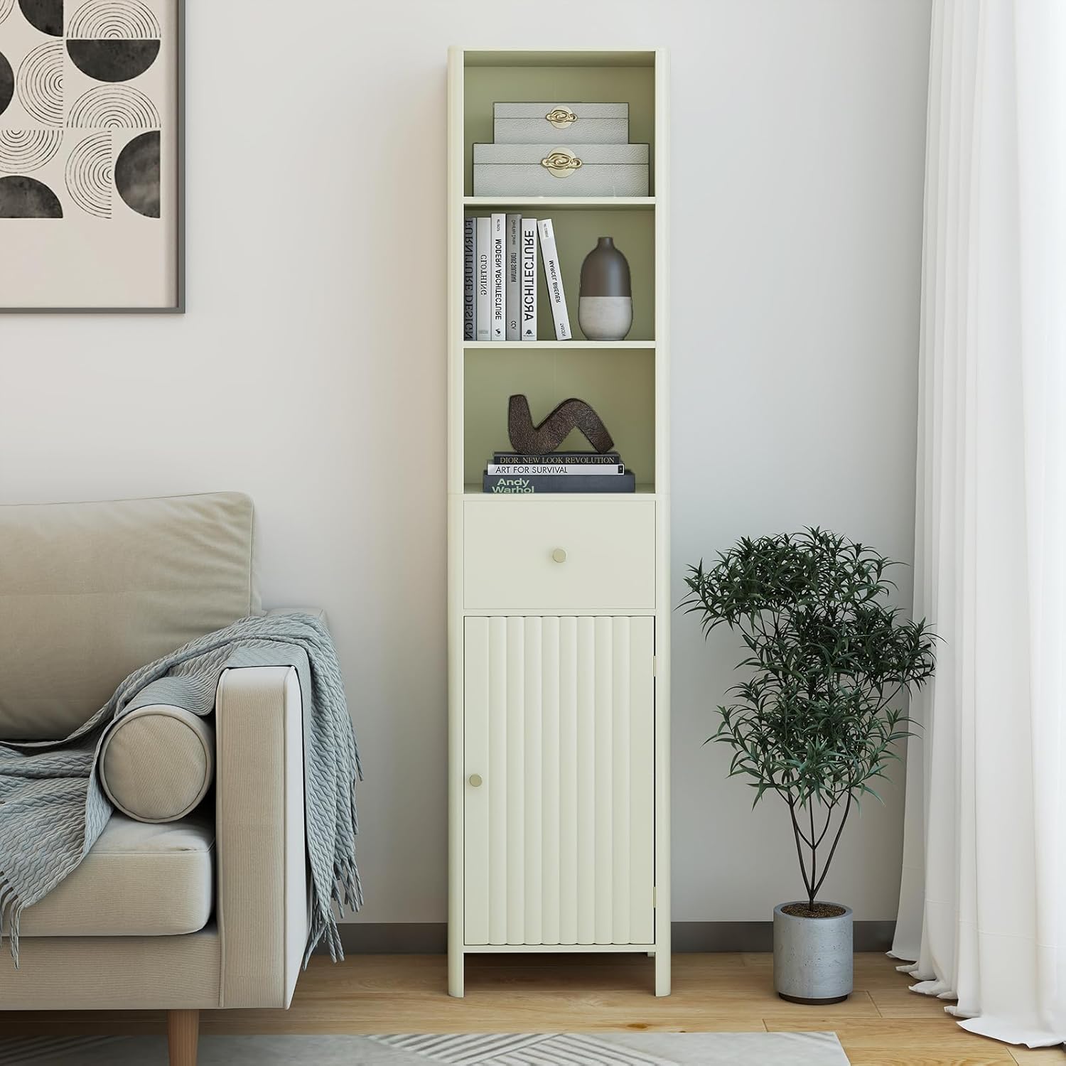 Tall Bathroom Storage Cabinet Beige Fluted Door Drawer 170cm