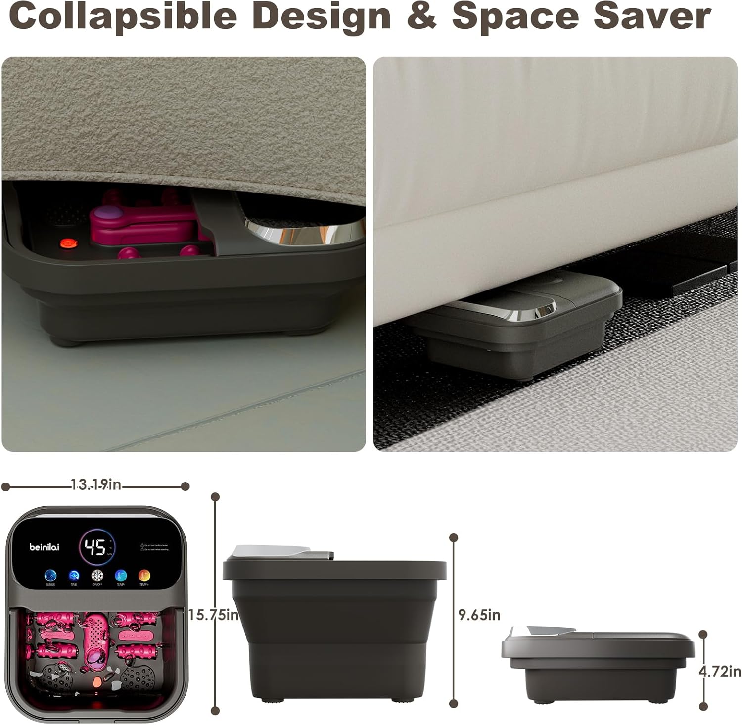 Collapsible Foot Spa Massager Heat Bubble Rollers Timer Temp Control