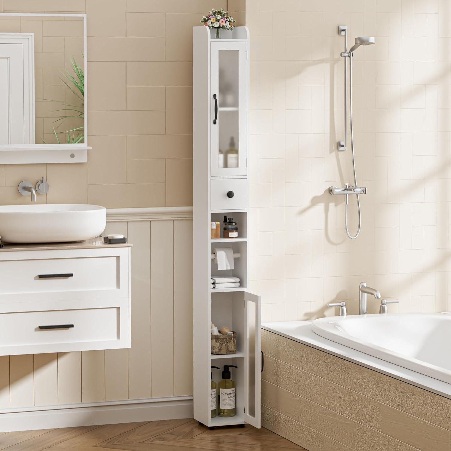Tall Slim Bathroom Cabinet Frosted Glass Door White 180cm
