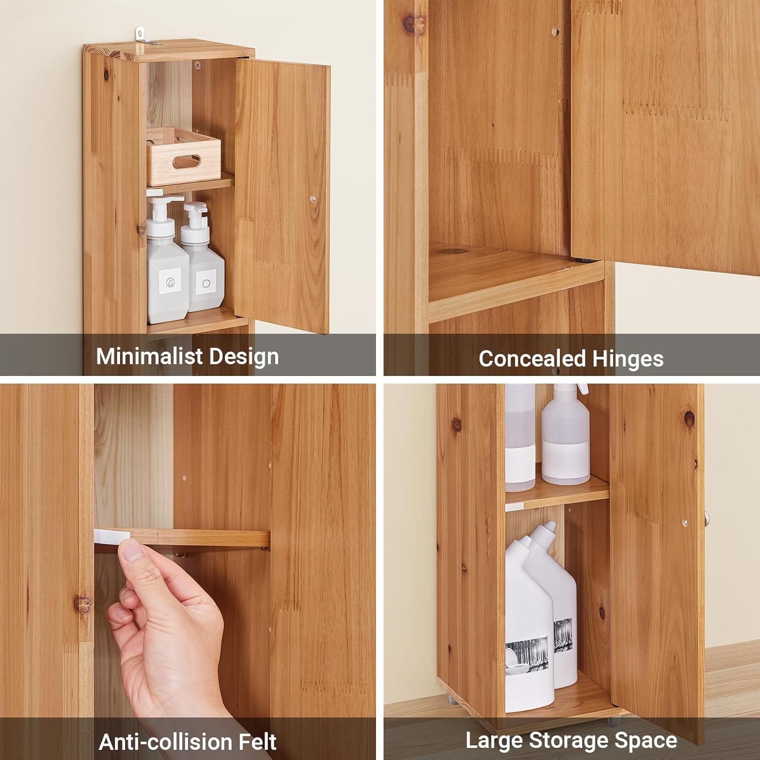 Slim Tall Solid Wood Bathroom Cabinet Drawer 180cm Natural