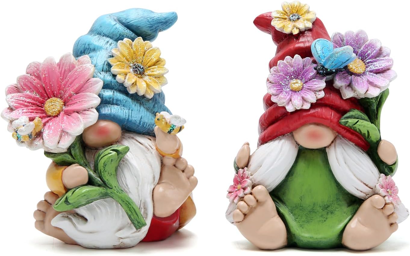 2PCS Spring Flower Gnome Figurines Easter Decor Resin Shelf Ornaments