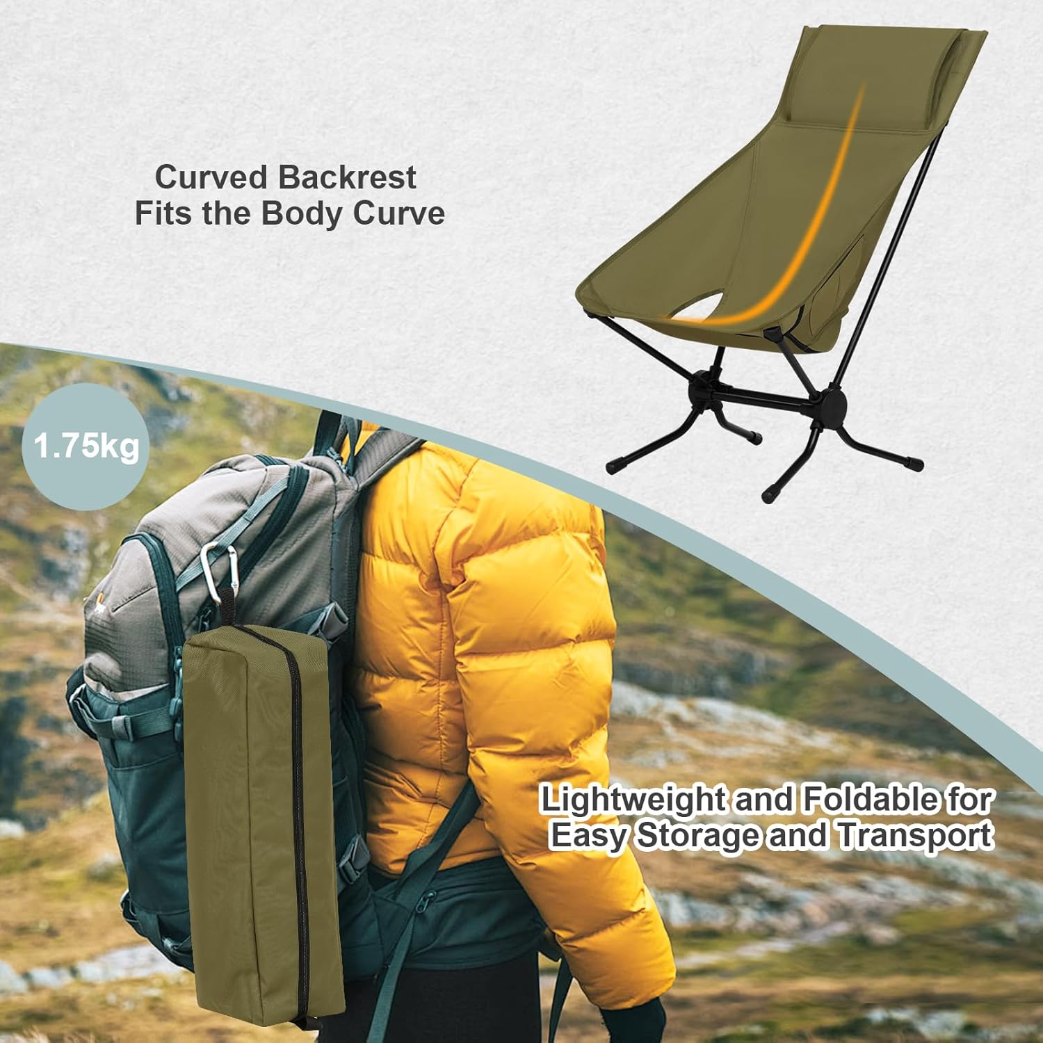 Set of 2 High Back Folding Camping Chairs Lightweight Green