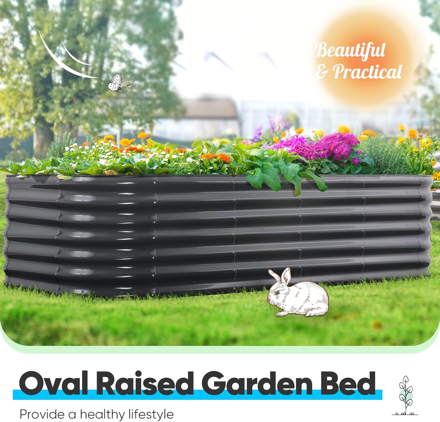 Oval Galvanized Raised Garden Bed 180x90x62cm Steel