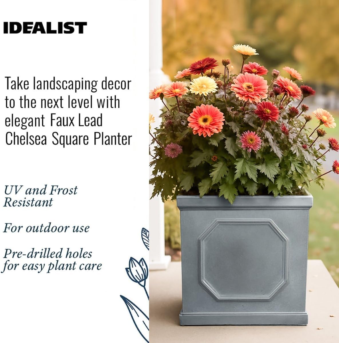 37cm Square Planter Faux Lead Grey Garden Pot Drainage