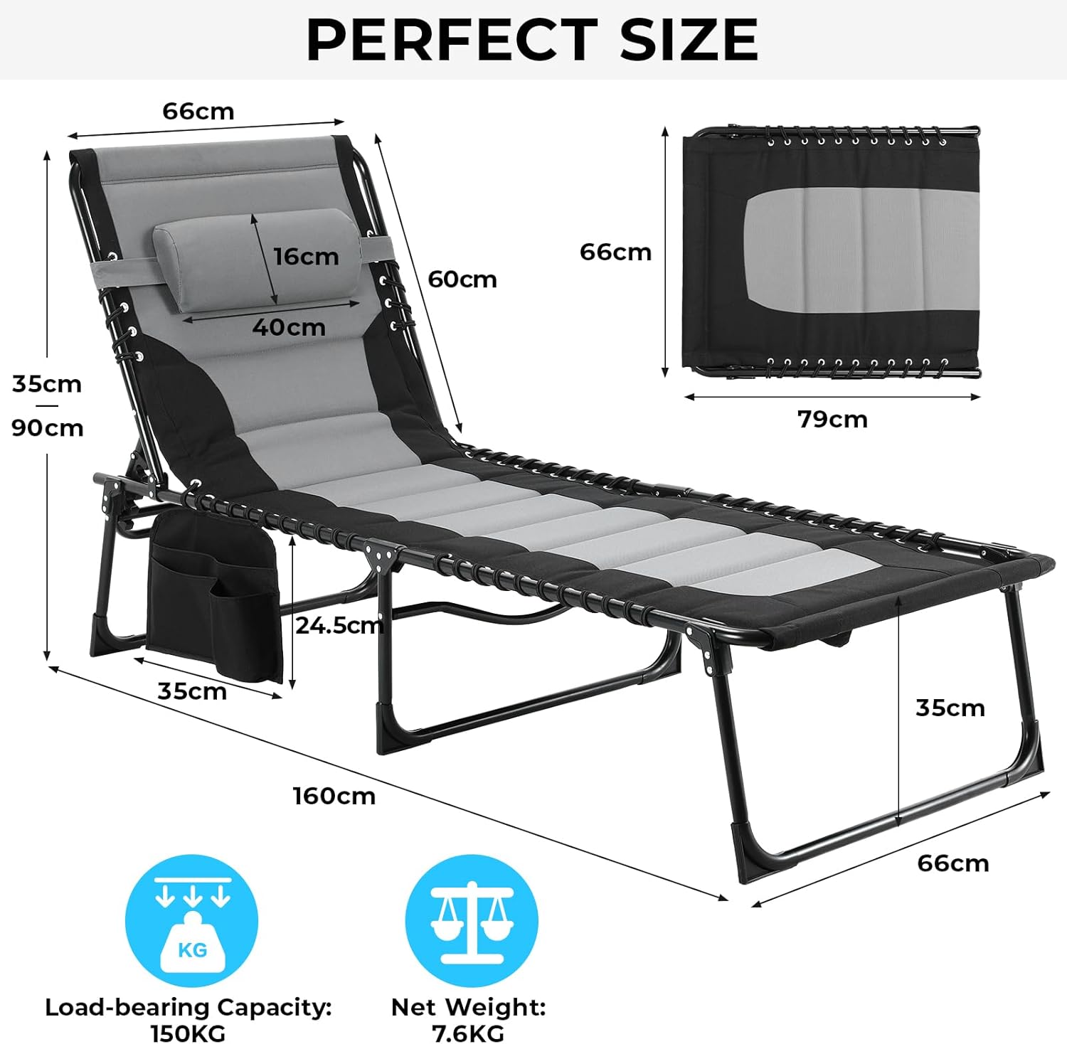 Set of 2 Oversized Folding Sun Loungers Dark Grey