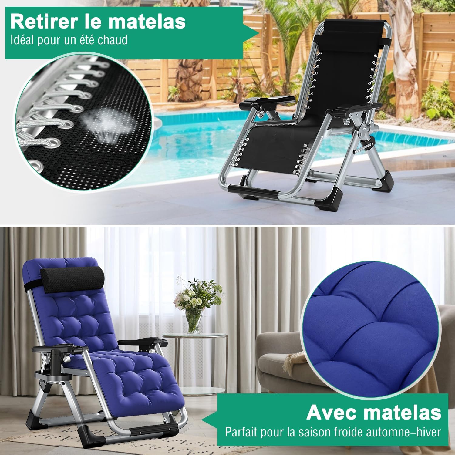Heavy Duty Zero Gravity Garden Recliner Chair Navy Blue