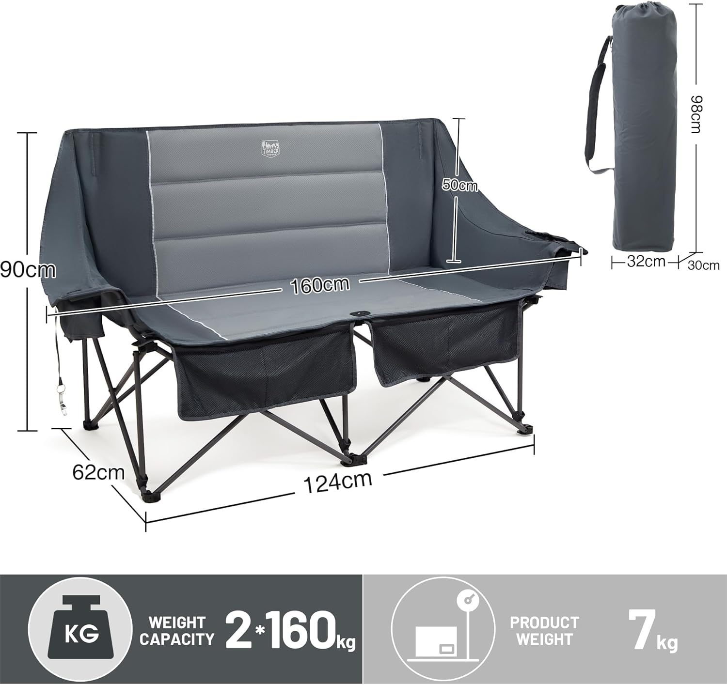 2 Seater Camping Loveseat Folding Sofa 320KG Grey