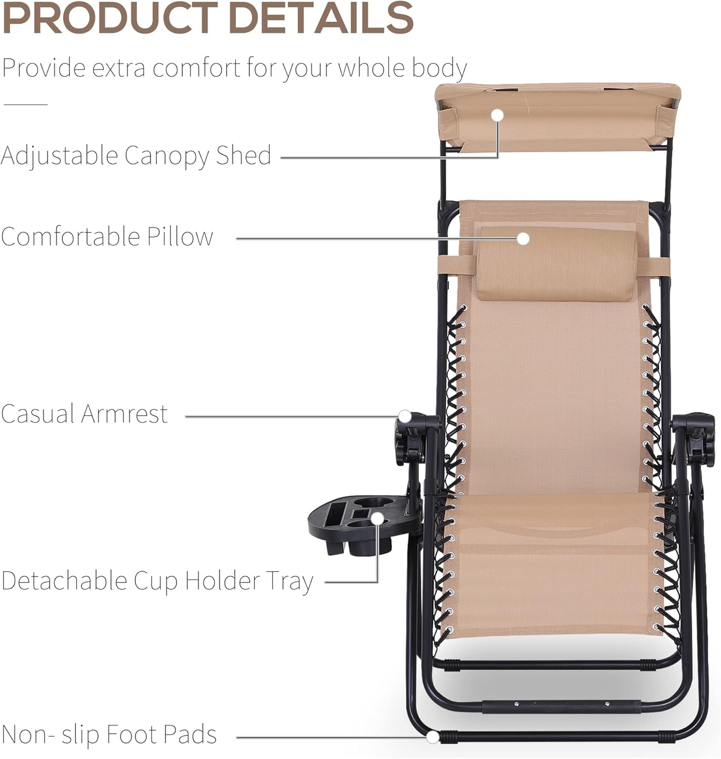 2 Zero Gravity Sun Lounger Chairs Foldable with Canopy Beige