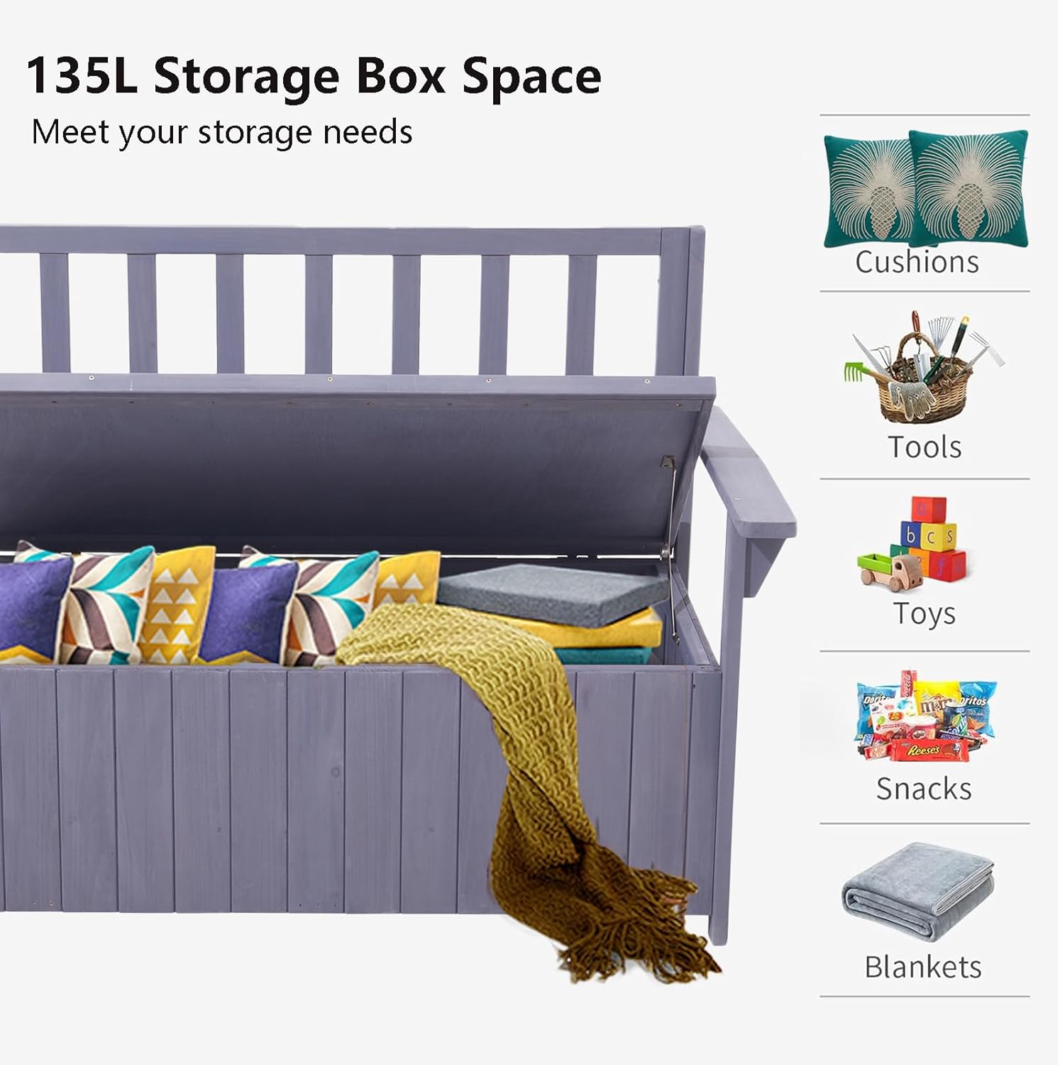 2 Seater Wooden Garden Storage Bench 135L Outdoor Patio Seat Grey