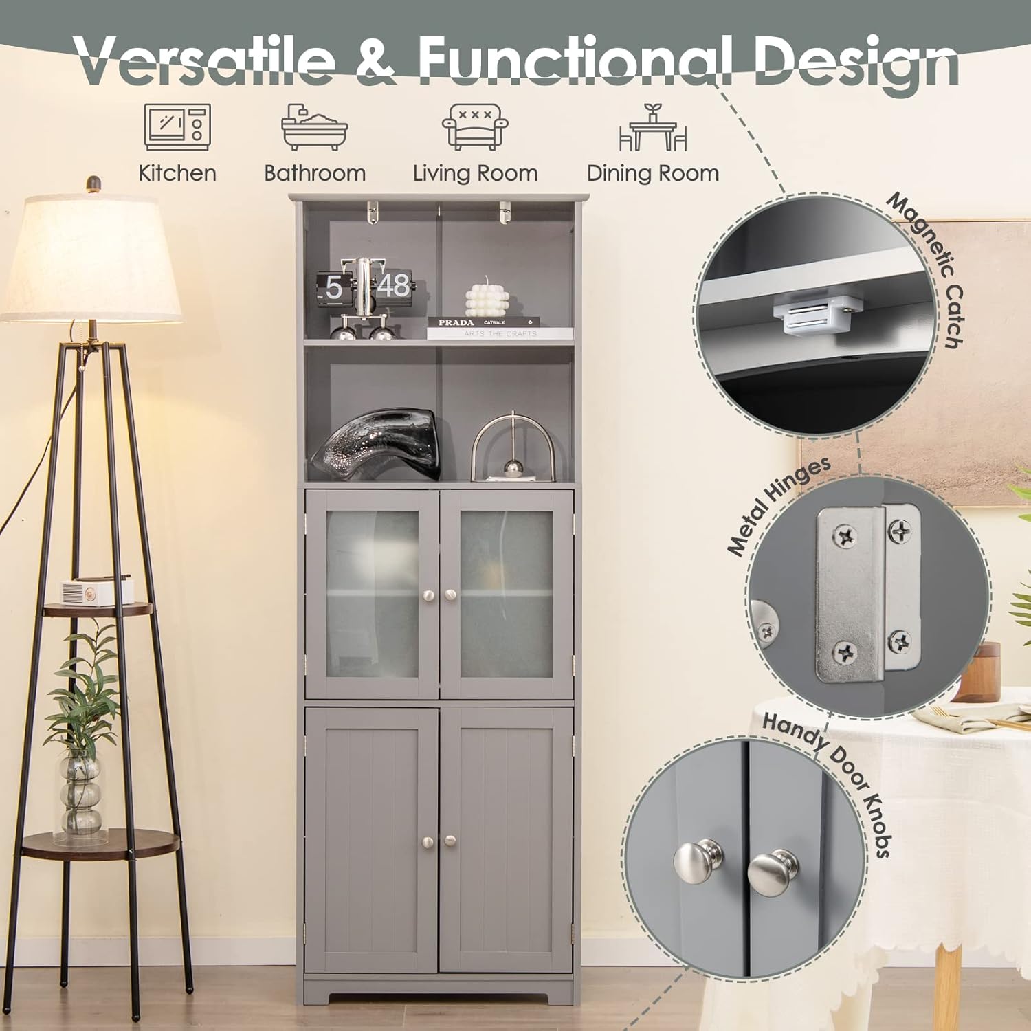 Tall Storage Cabinet Glass Door Shelf Unit Grey