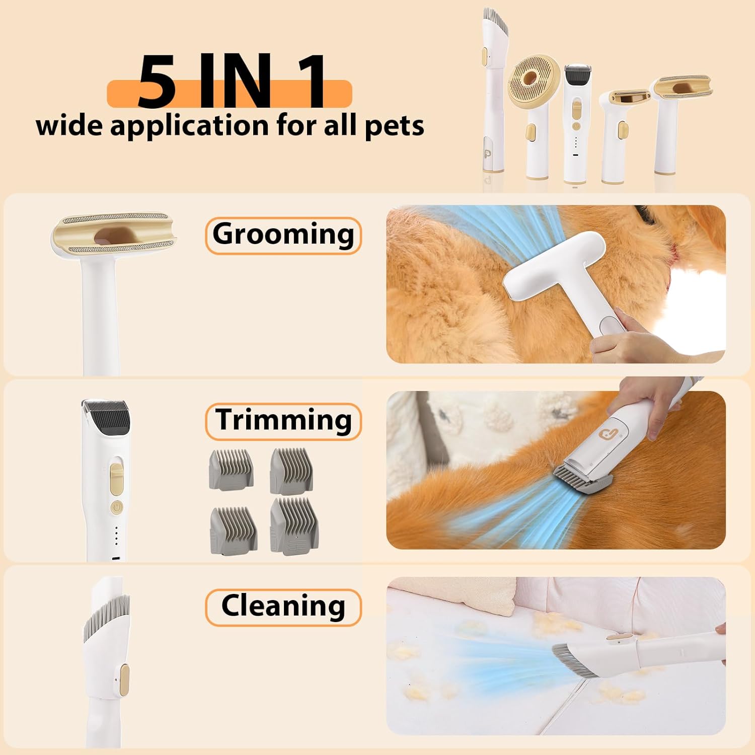 Dog Hair Vacuum Cleaner 5 in 1 Pet Grooming Kit 2L Low Noise