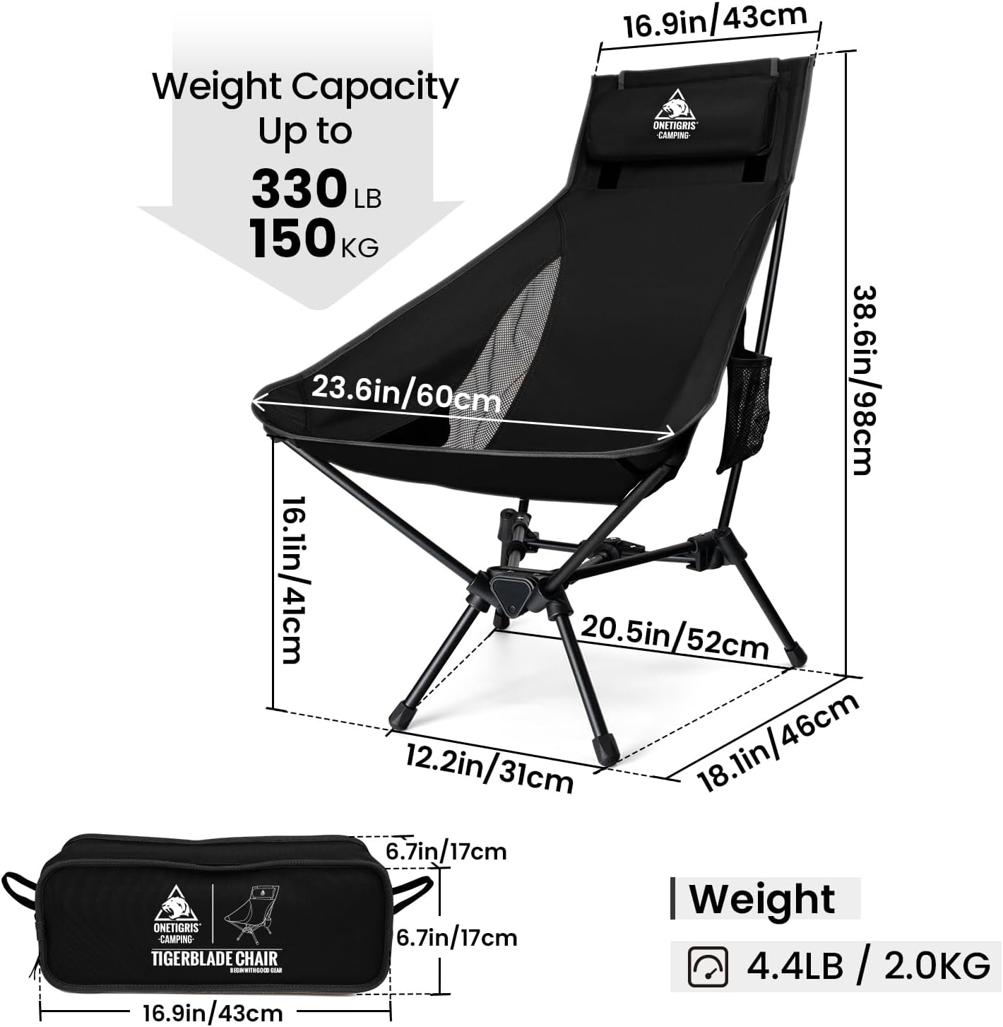 High Back Camping Chair with Pillow 150kg Black