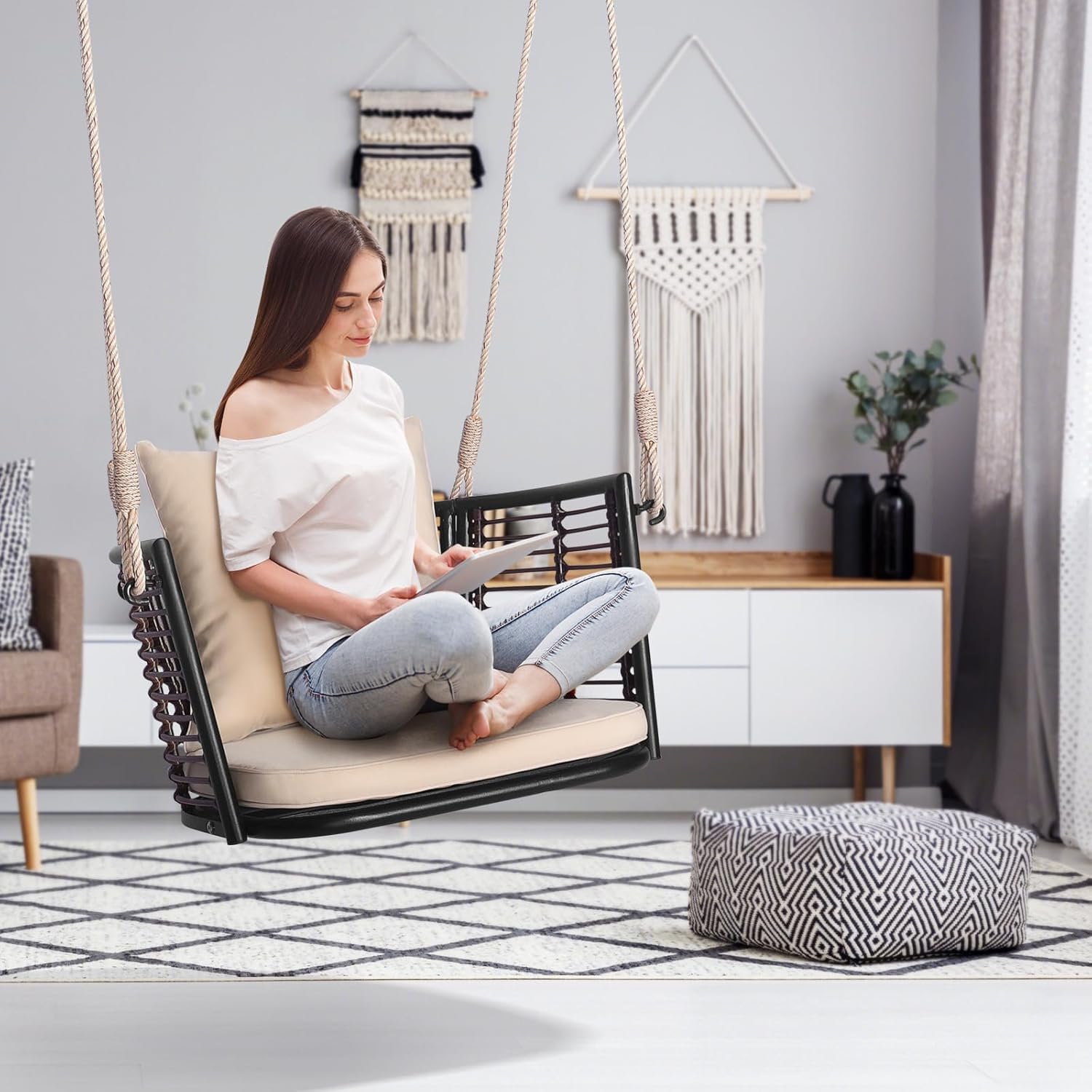 Single Rattan Porch Swing Chair Cushions Hanging Seat