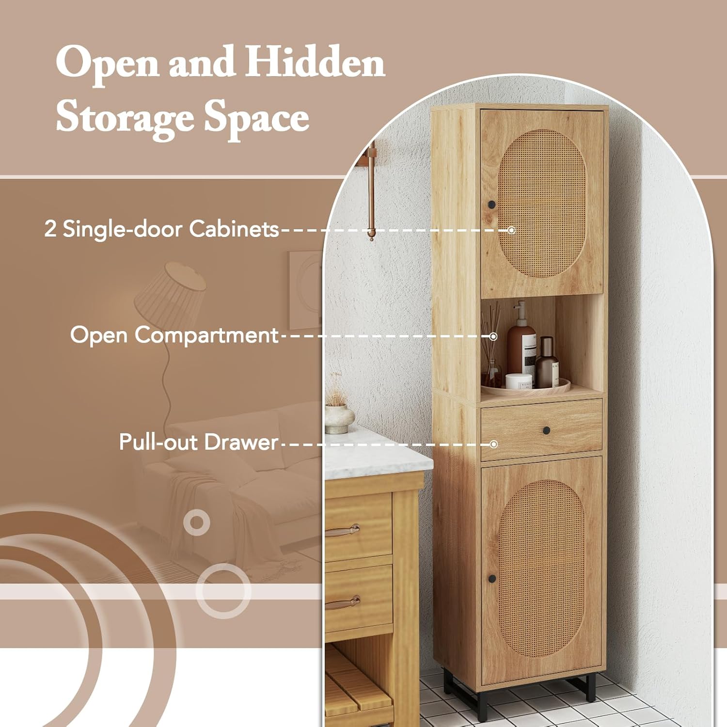 Tall Slim Storage Cabinet Natural Rattan Drawer Door Unit