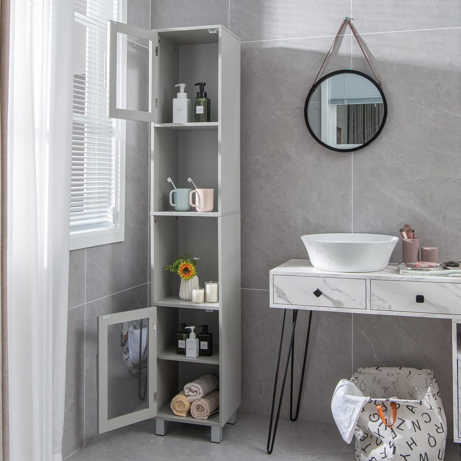 Tall Bathroom Storage Cabinet Slim Grey Cupboard Glass Door Shelf Unit