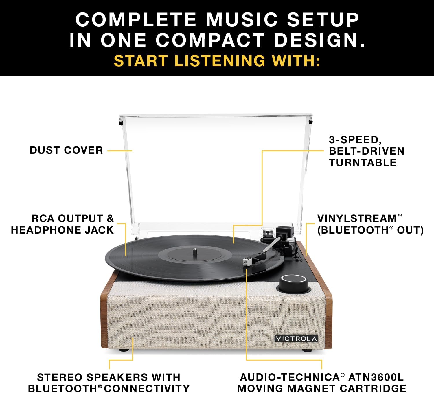 Oak Record Player With Speakers Bluetooth 3 Speed