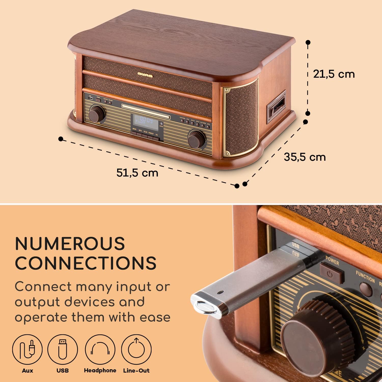 Retro Record Player Bluetooth CD Cassette Radio Brown