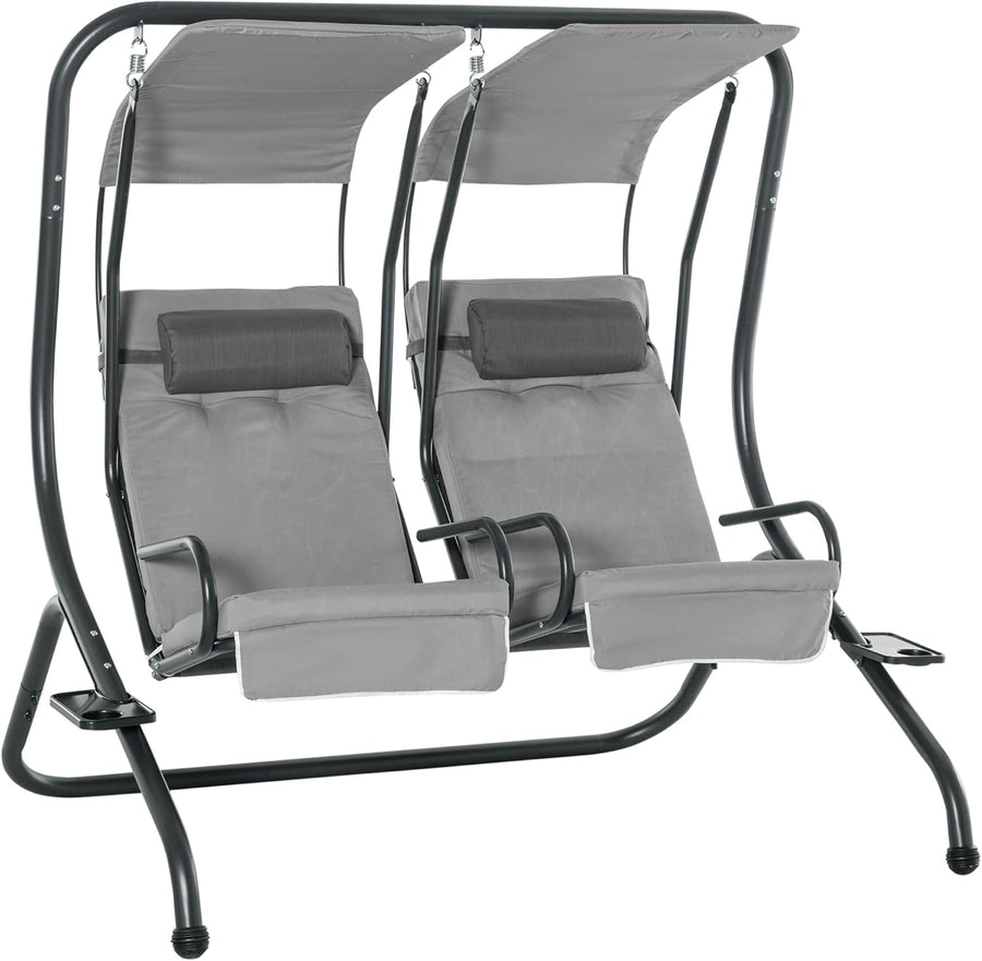 2 Seater Canopy Swing Chair with Cup Holders Grey
