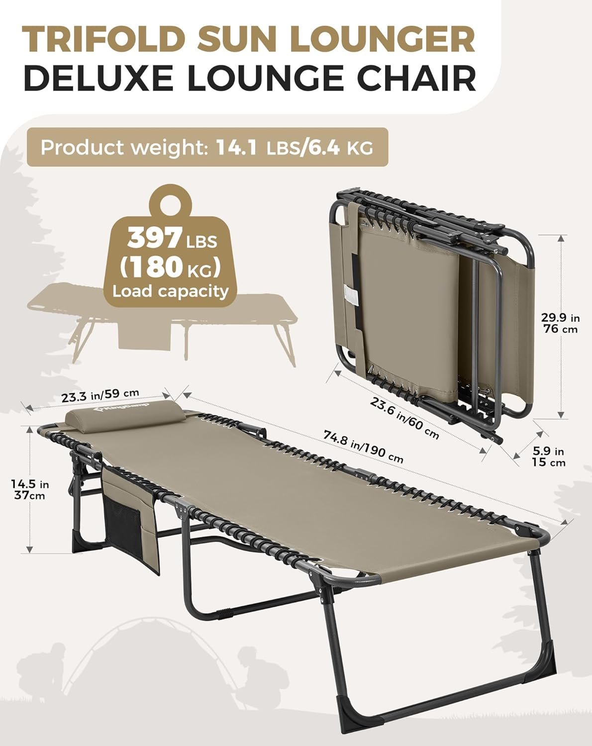 Folding Sun Lounger Camp Bed Beige 5 Position Recliner
