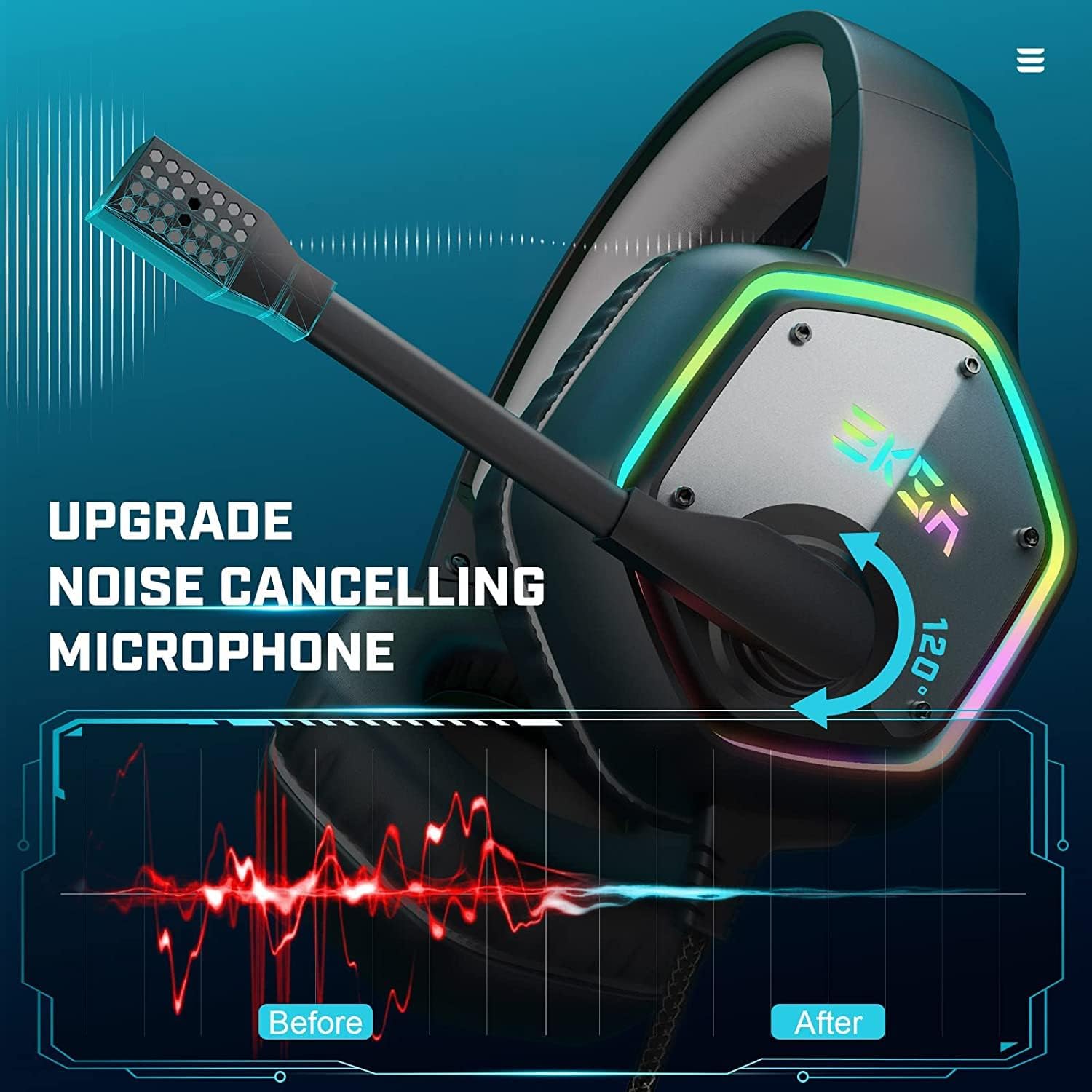 USB Gaming Headset 7.1 Surround Sound 50mm Drivers Mic RGB