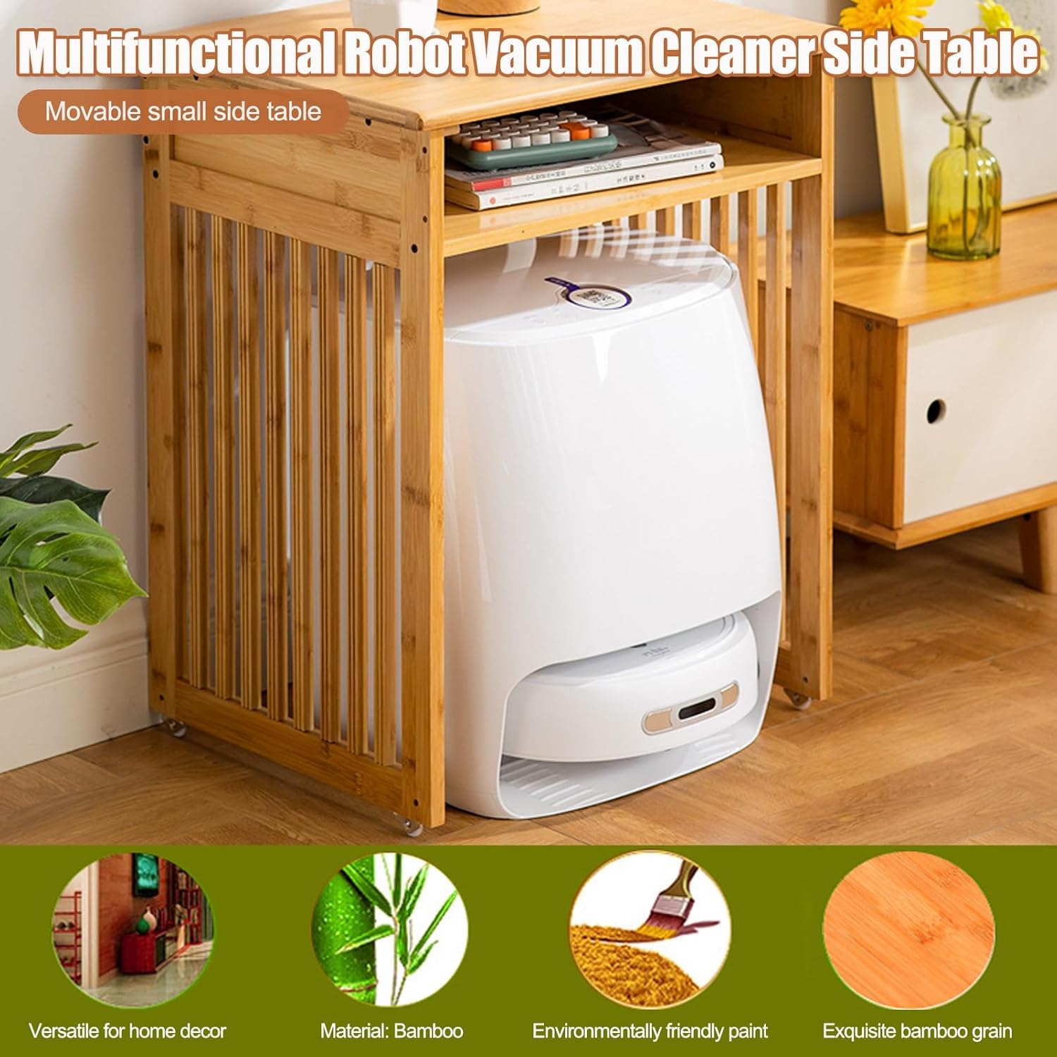 Bamboo Robot Vacuum Storage Cart Rolling Cabinet Organizer End Table