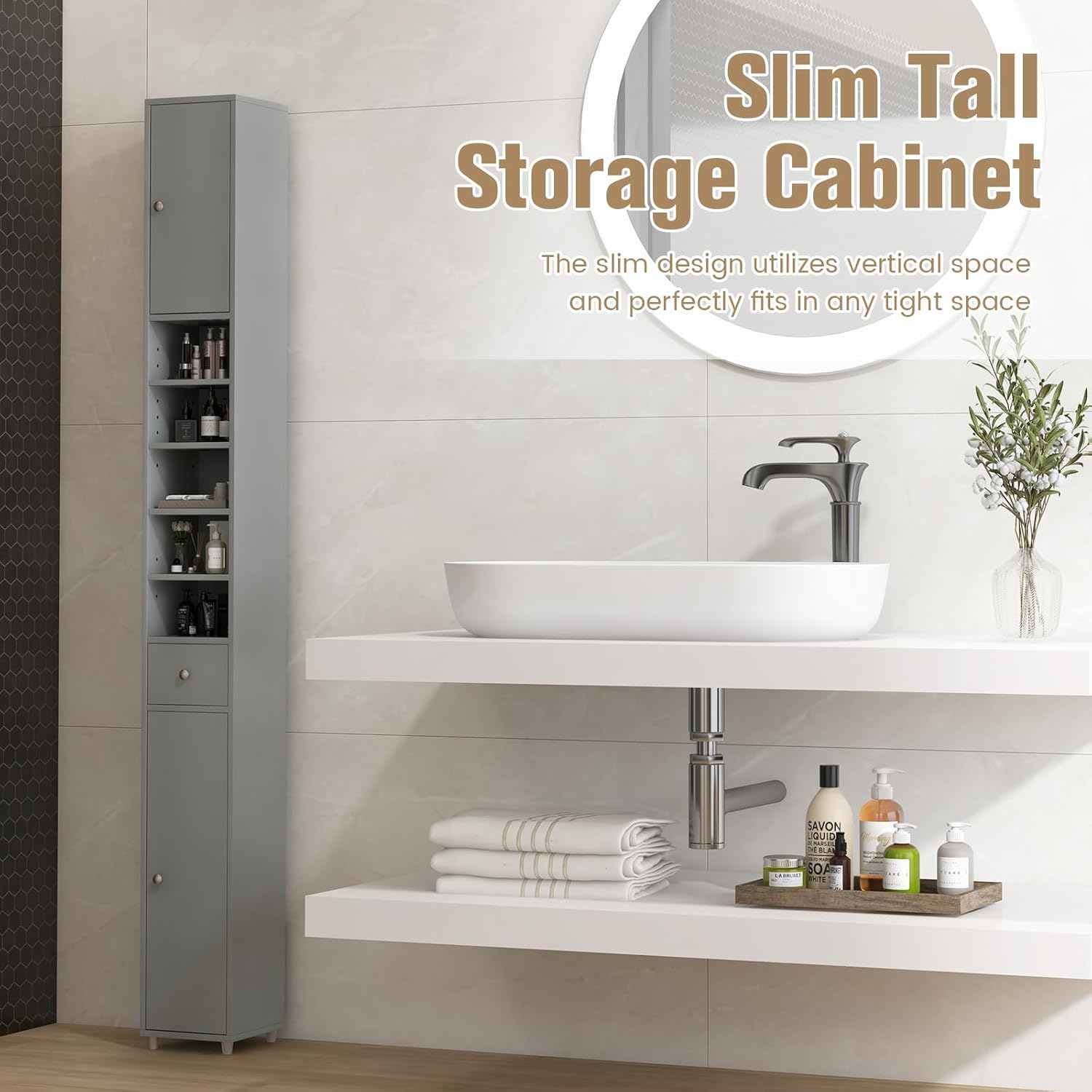 Tall Slim Storage Cabinet Grey Drawer Adjustable Shelf Unit