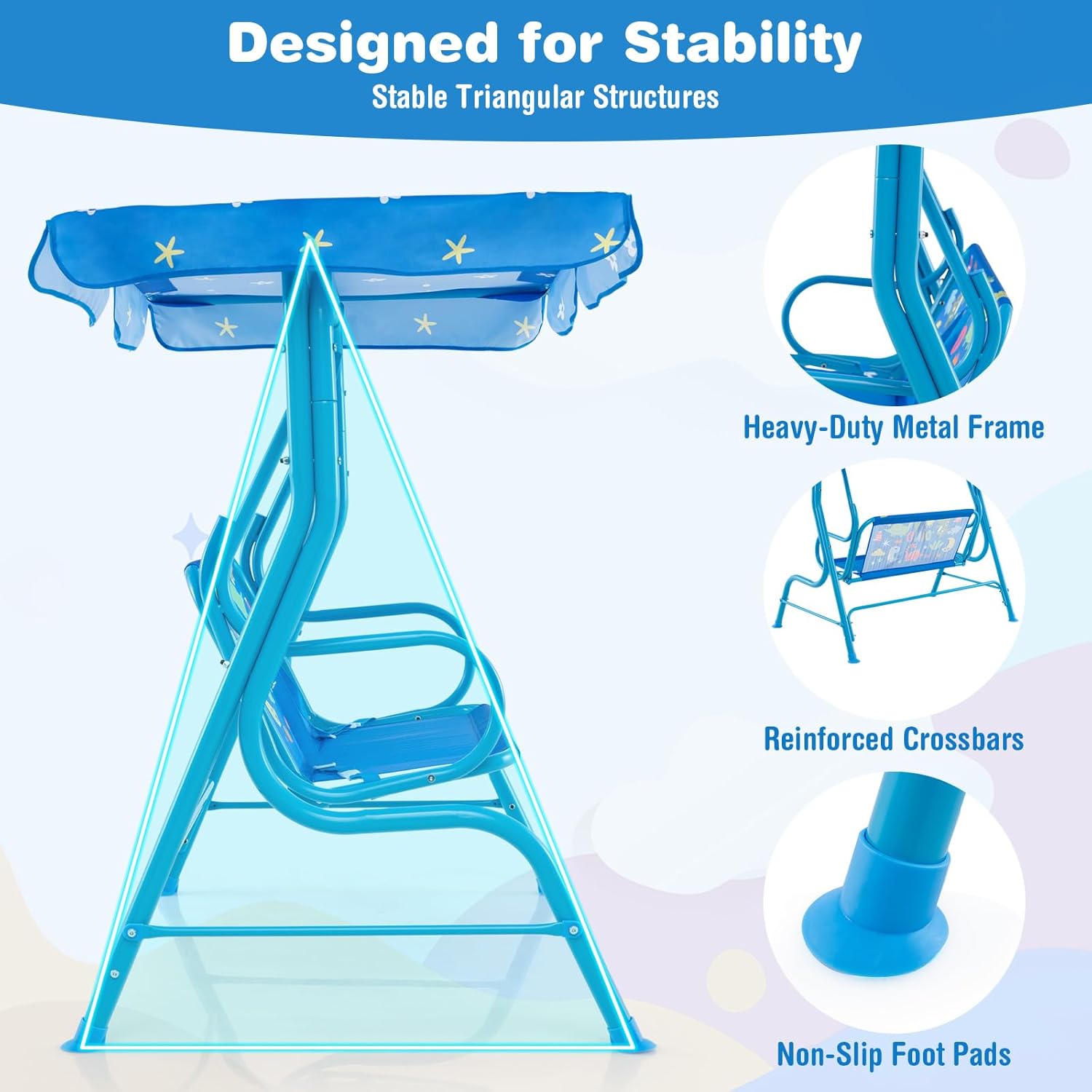 Kids 2 Seat Swing Chair Blue Canopy Safety Belts