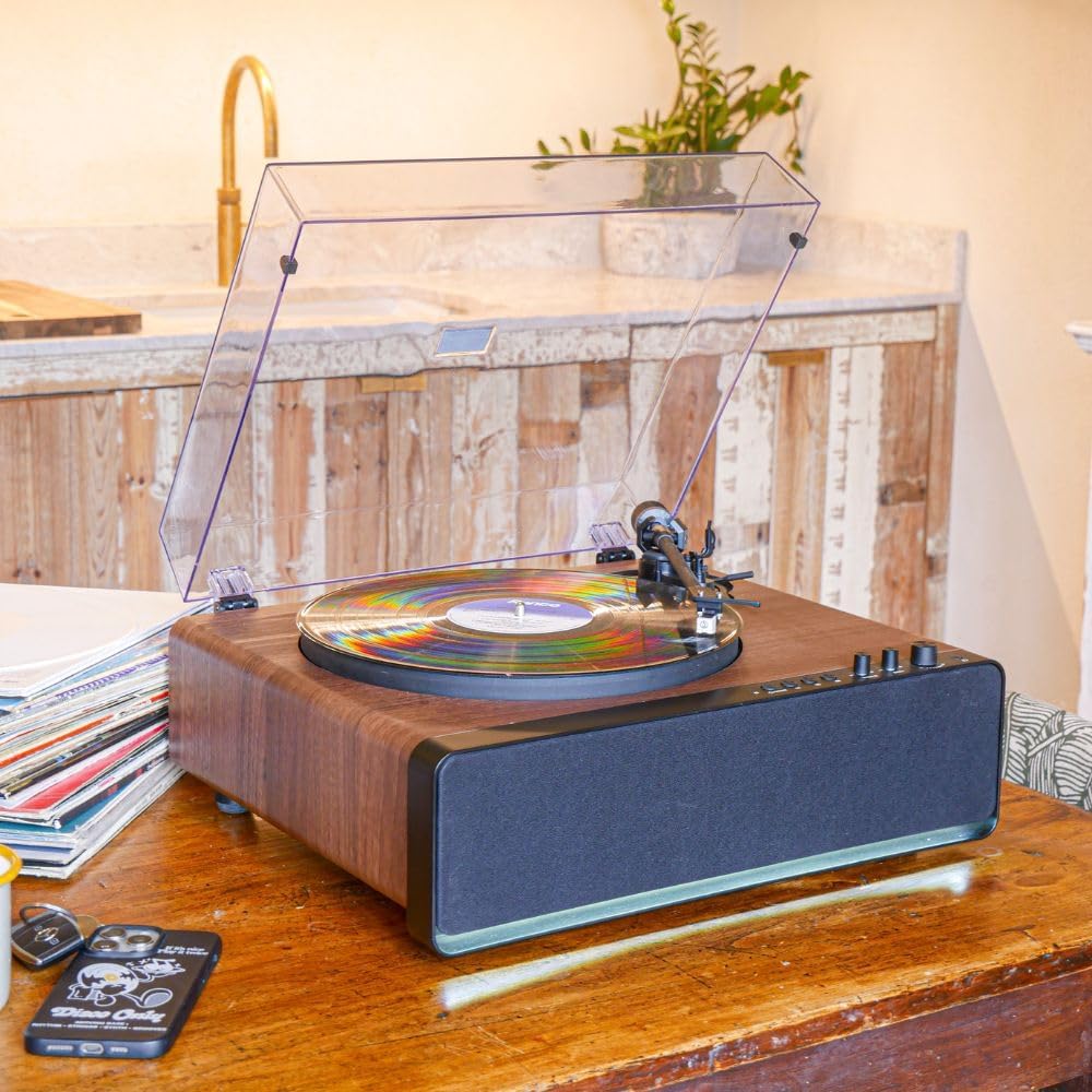 Walnut Record Player With 30W Speakers Bluetooth