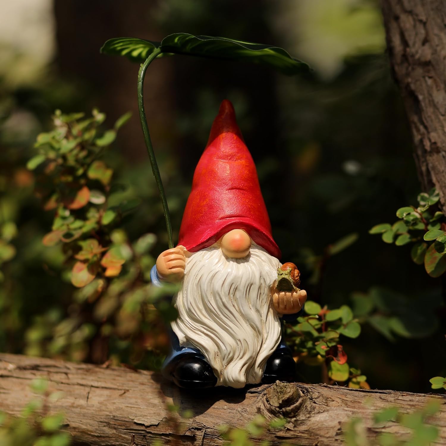Garden Gnome Statue Leaf Umbrella Figurine Outdoor Patio Yard Decor