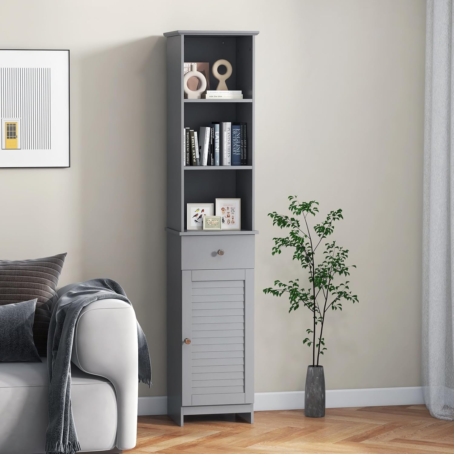Slim Bathroom Tall Cabinet Drawer Door Shelf Unit Grey