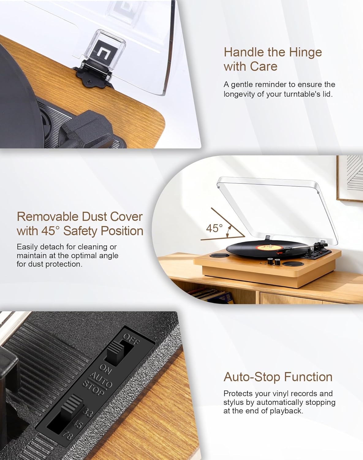 Portable 3-Speed Vinyl Record Player Bluetooth Turntable with Speakers