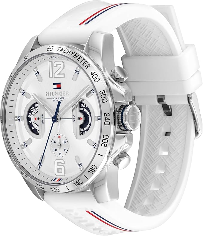 Mens Multifunction Quartz Watch White Dial Silicone Strap