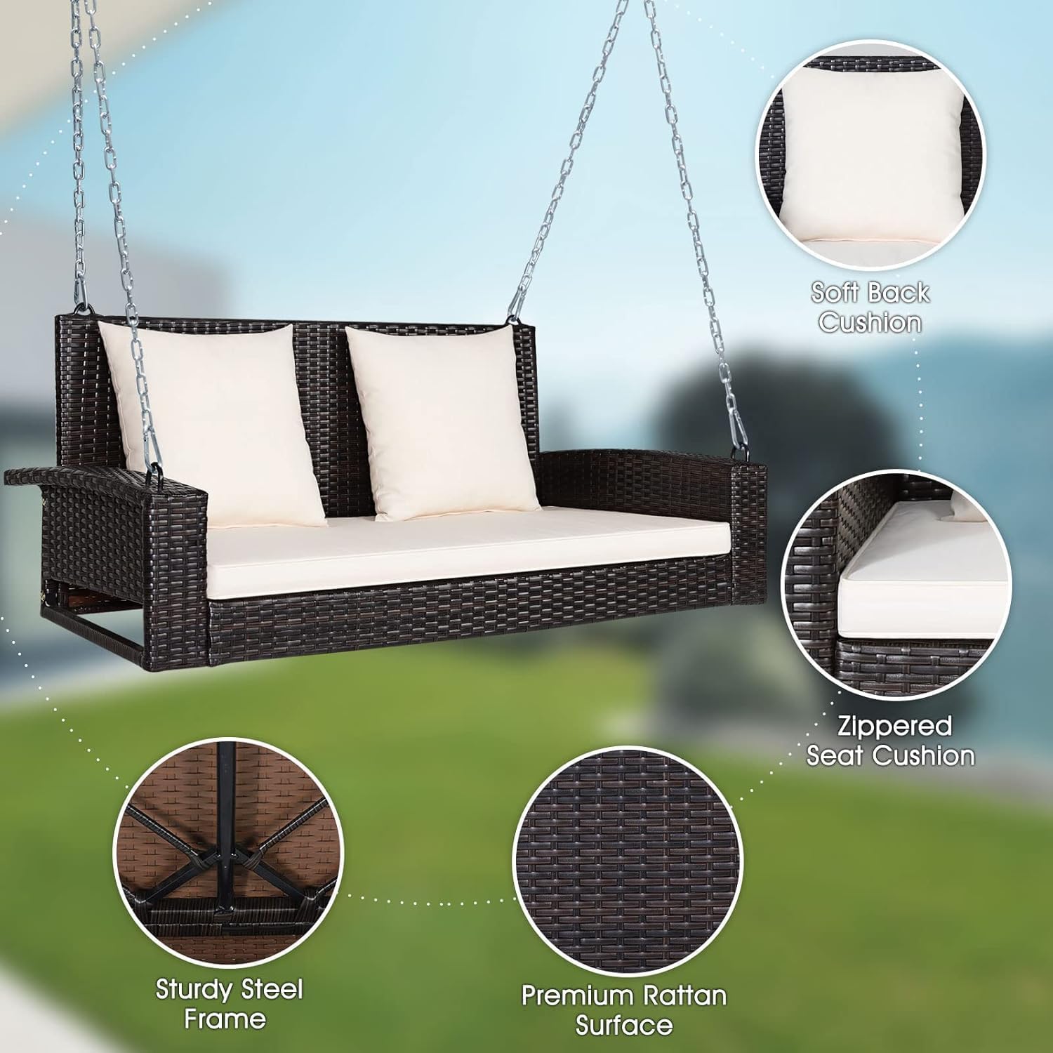 2 Seater Rattan Garden Swing Chair Set White Stand