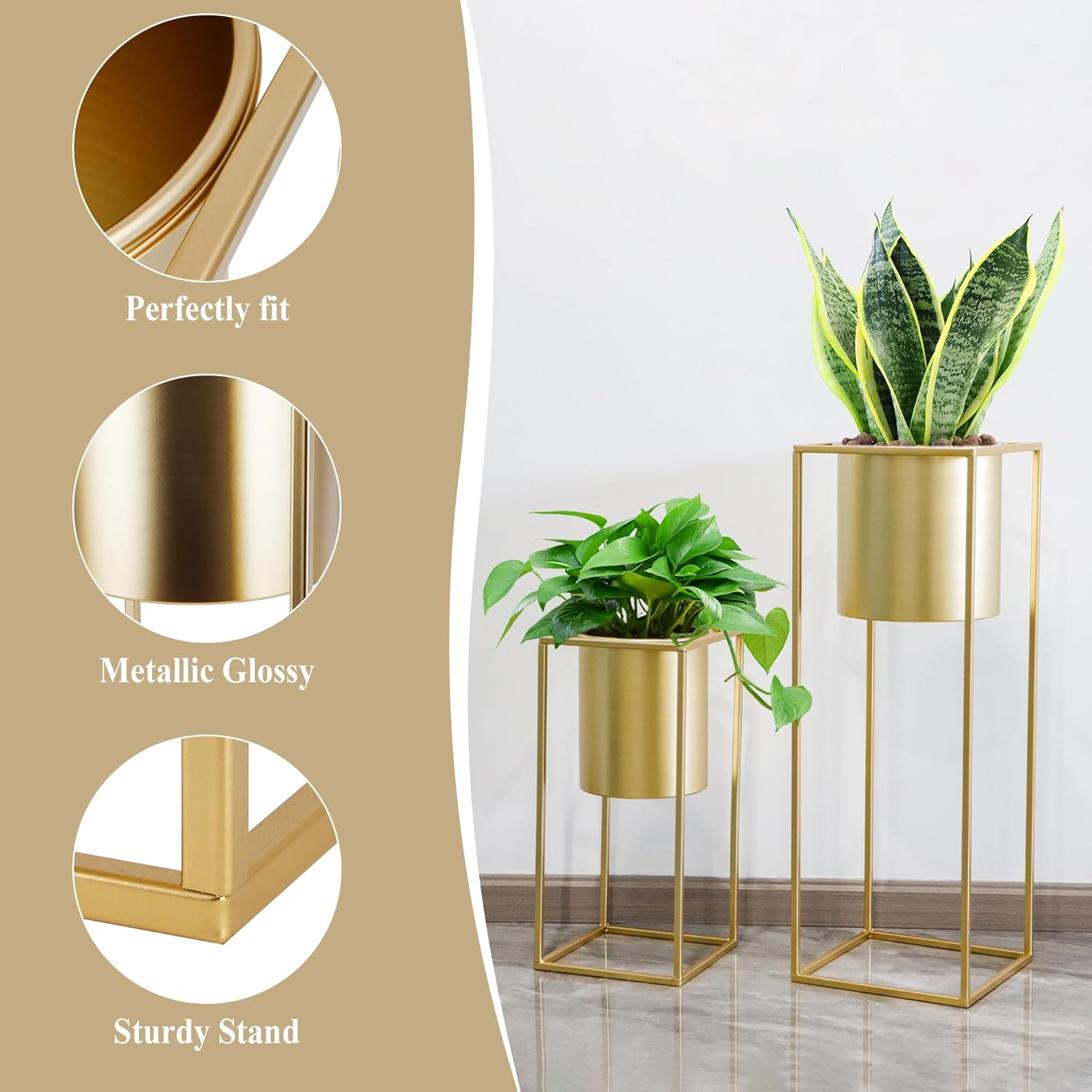 Gold Metal Planters with Stand Set of 2 Tall Pots 70cm 45cm