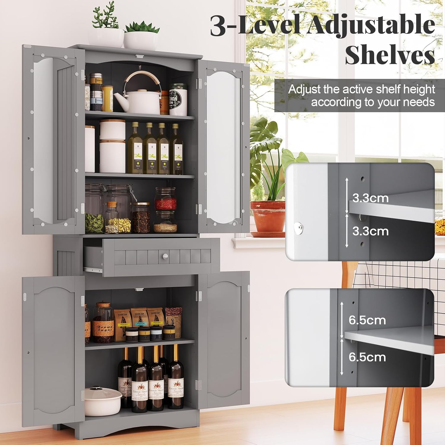 Tall Bathroom Cabinet Glass Door Drawer Shelf Unit Grey