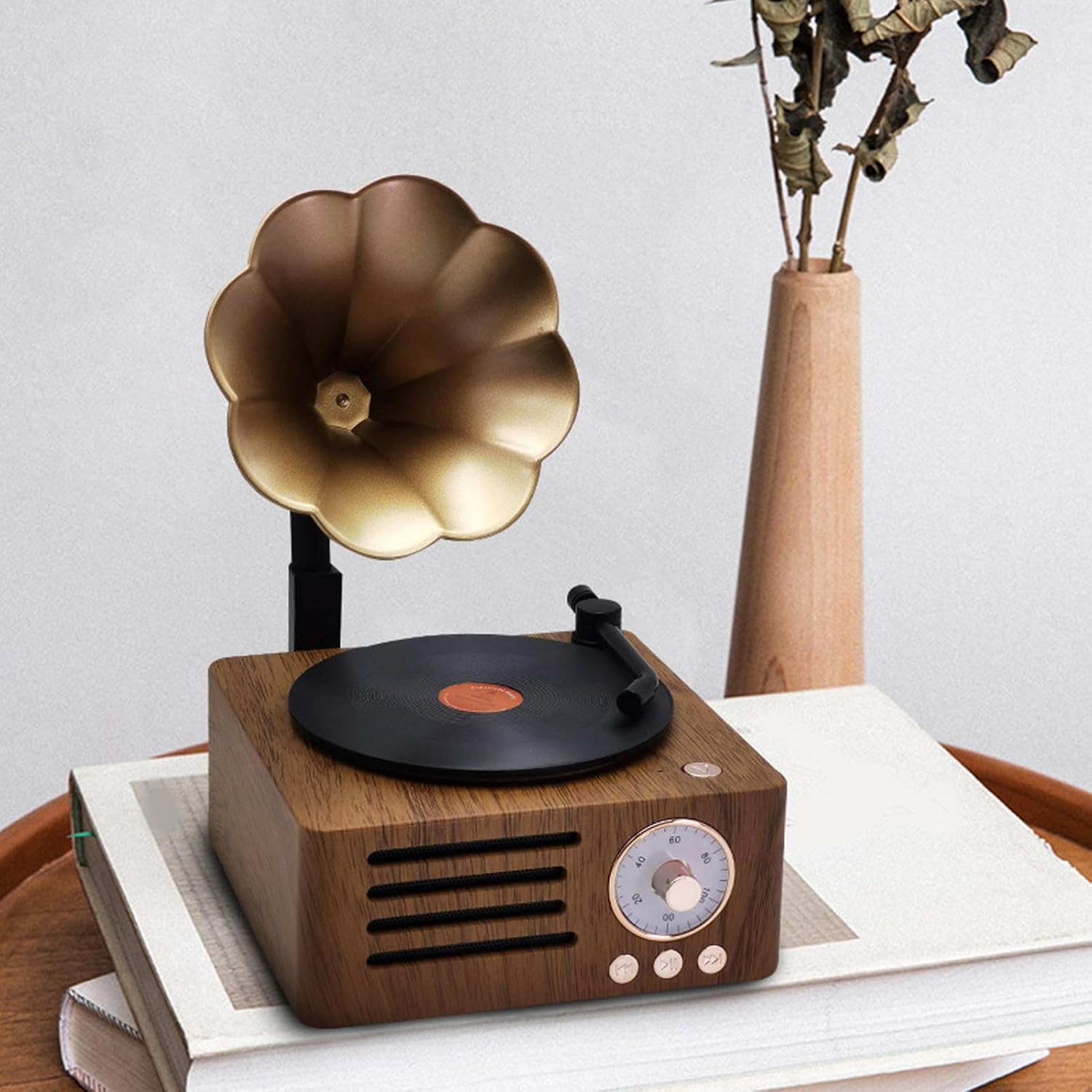 Vintage Bluetooth Speaker with Copper Horn FM Radio Wood Grain
