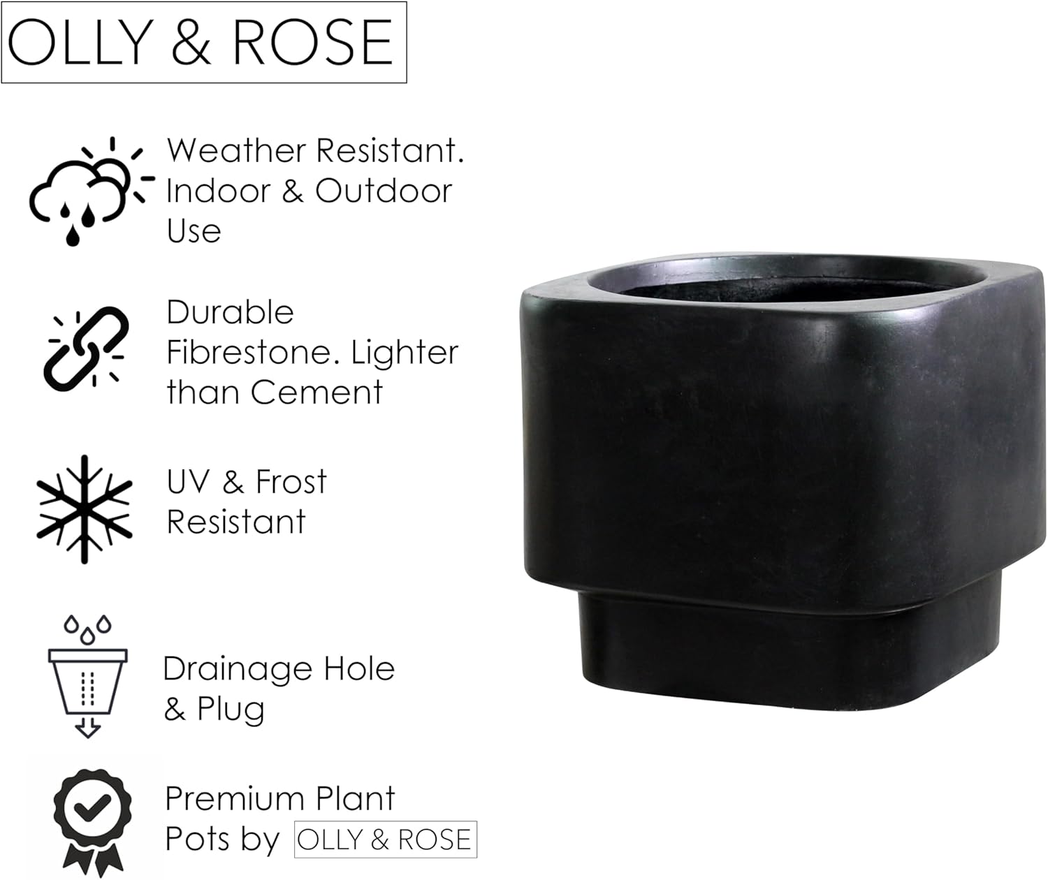 45cm Black Raised Planter Large Fibrestone Plant Pot Indoor Outdoor