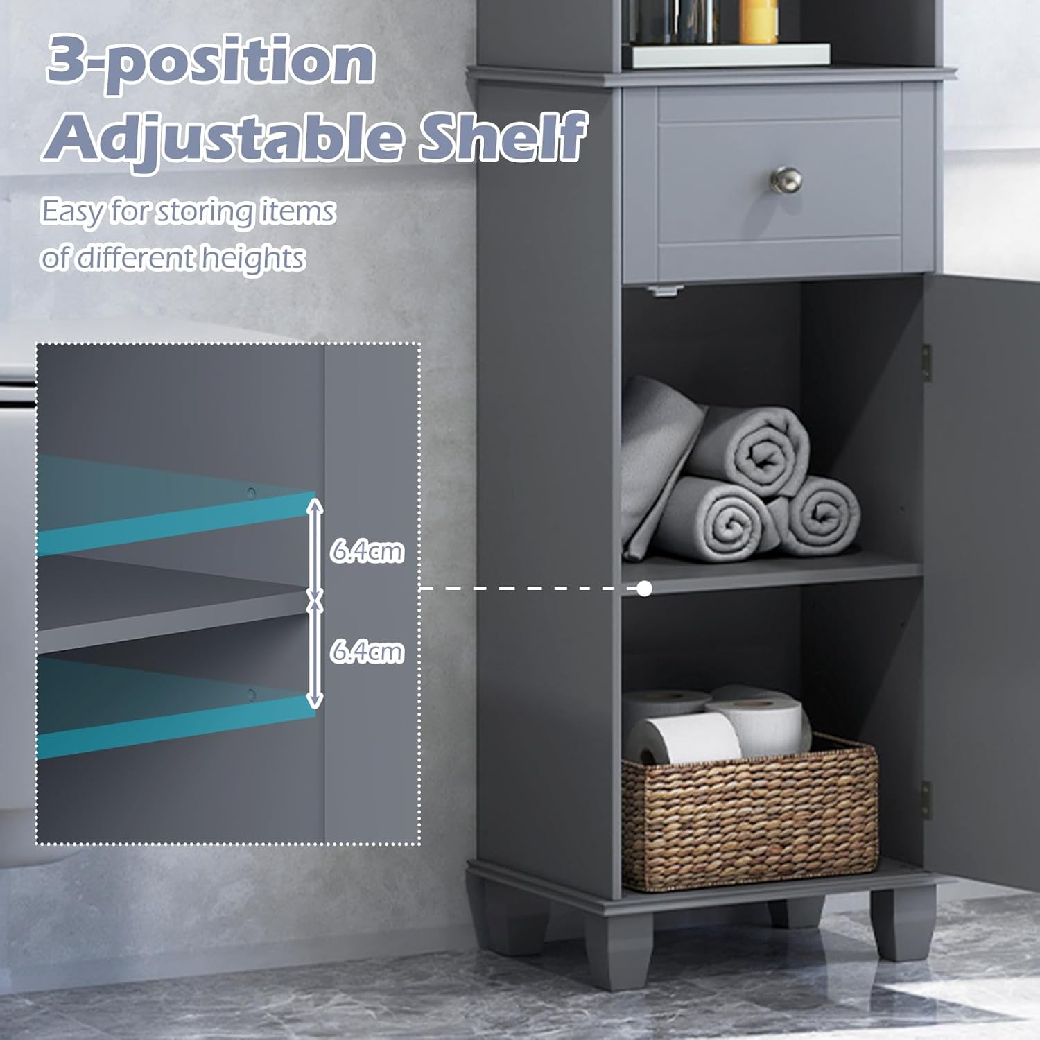 Slim Tall Storage Cabinet Grey Drawer Shelf Door Unit
