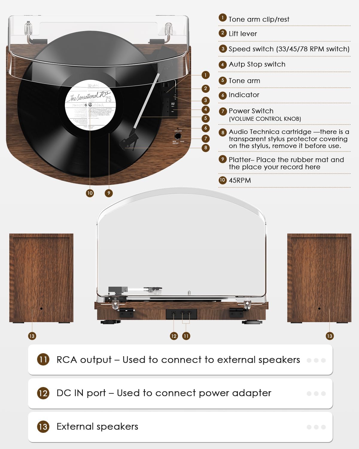 Walnut Vinyl Record Player With Dual Stereo Speakers