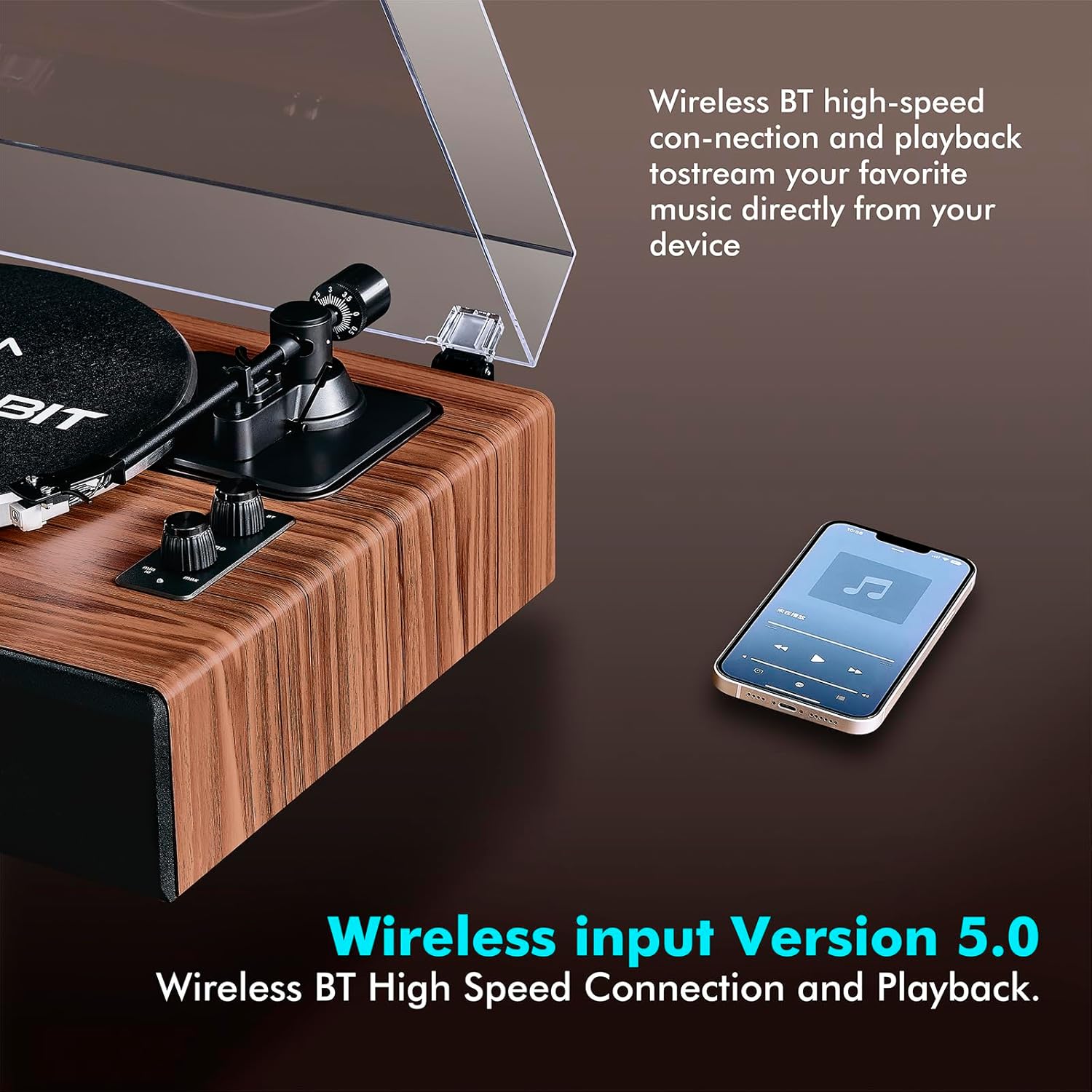 Bluetooth Vinyl Record Player Turntable with Built-In Speakers 2-Speed