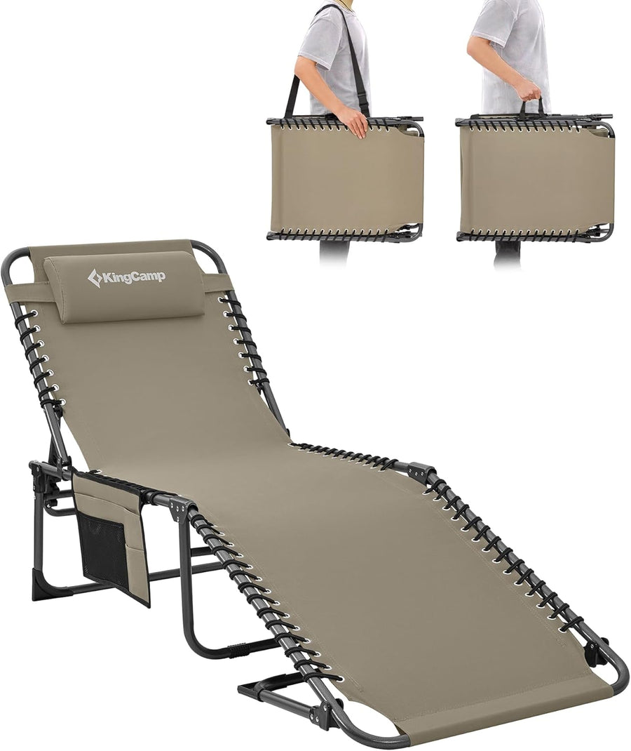 Folding Sun Lounger Camp Bed Beige 5 Position Recliner